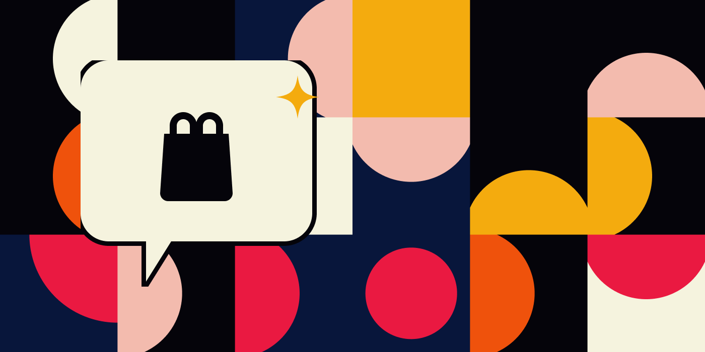 Chat bubble holding a shopping bag — selling inside an AI assistant
