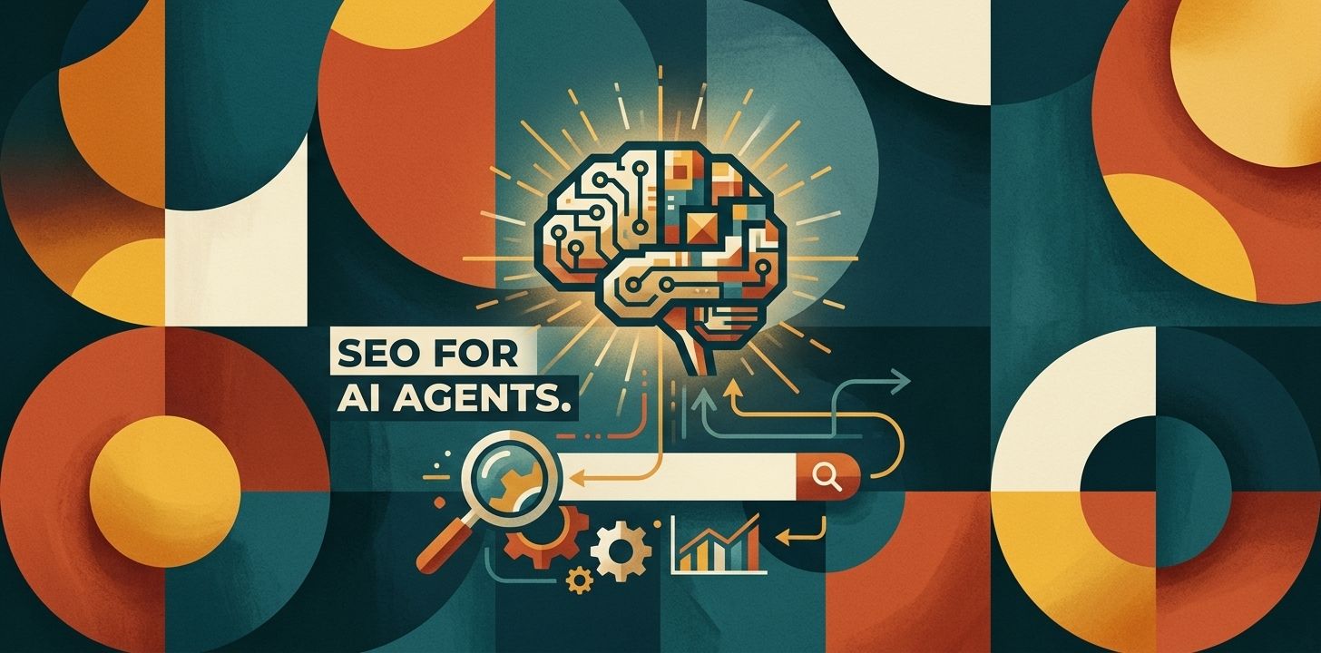 Editorial illustration of a circuit-board brain above a search bar, captioned 'SEO for AI agents'
