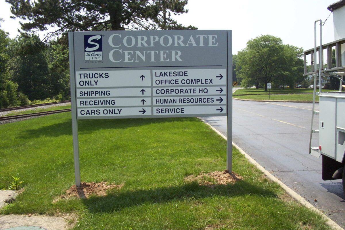 Post and panel sign for Silver Line Windows Corporate Center