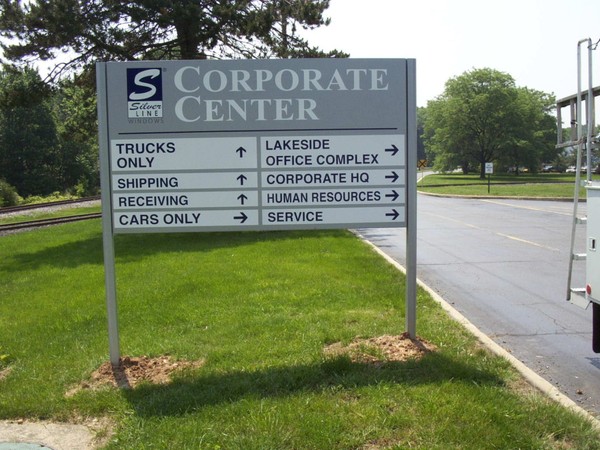 Post and panel sign for Silver Line Windows Corporate Center