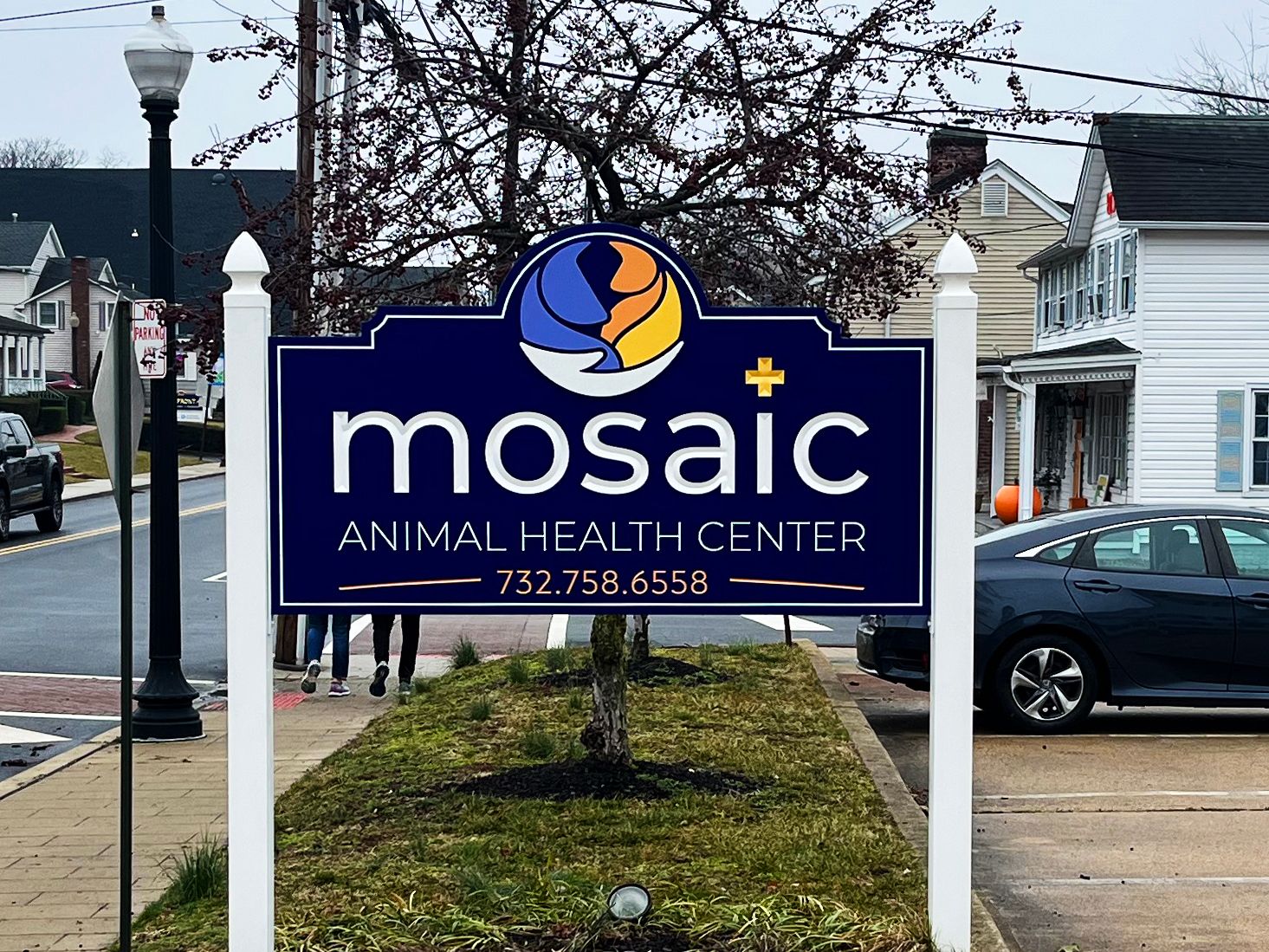 Mosaic Animal Health Center — New Jersey Post and panel carved sign by Loumarc Signs