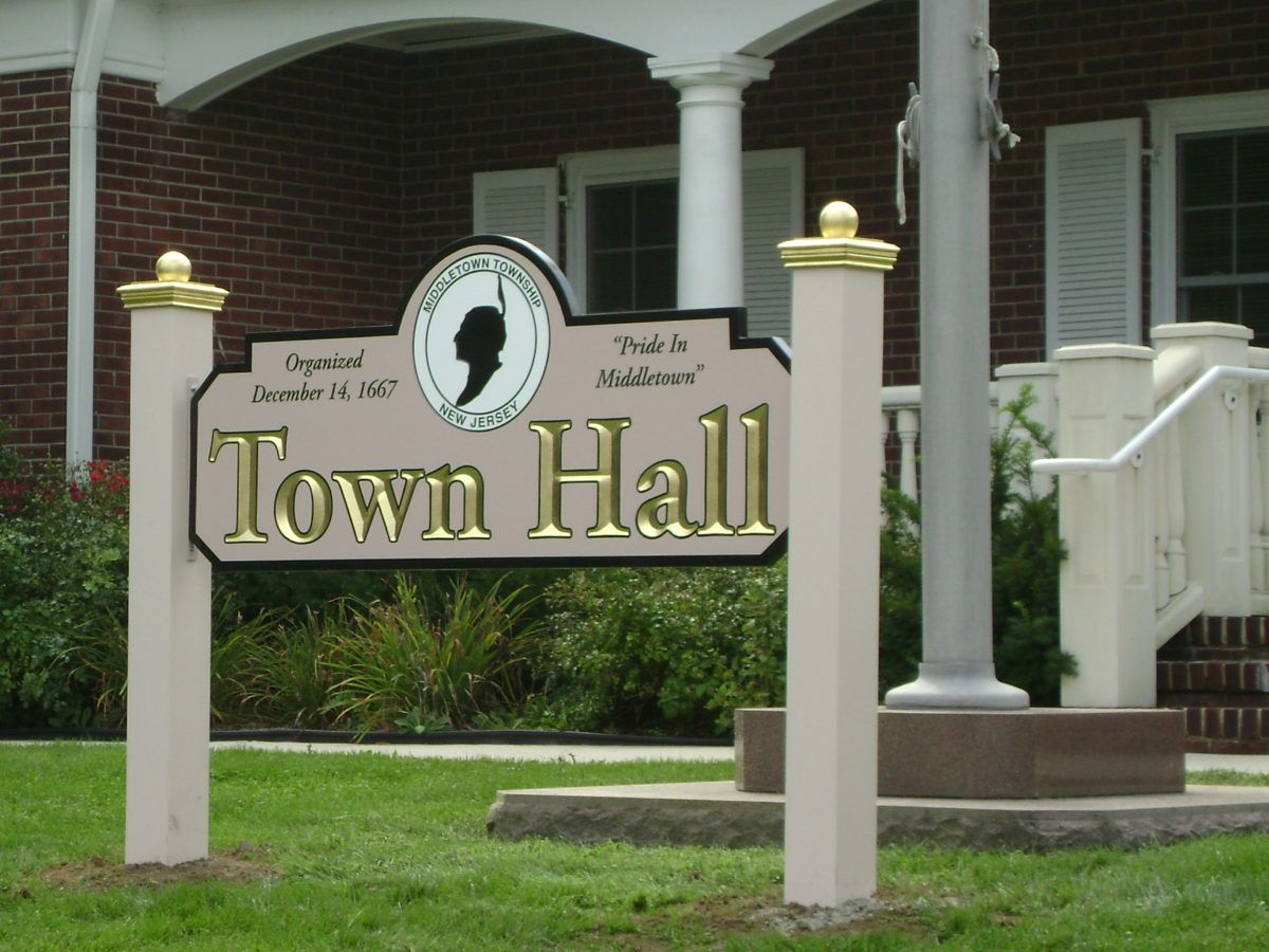 Carved sign for Middltown Town Hall