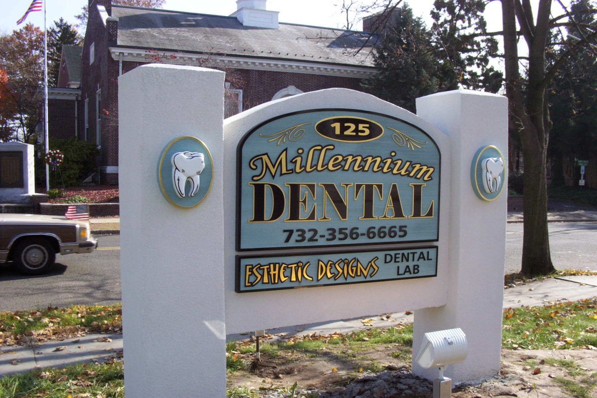 Millennium Dental custom sandblasted sign