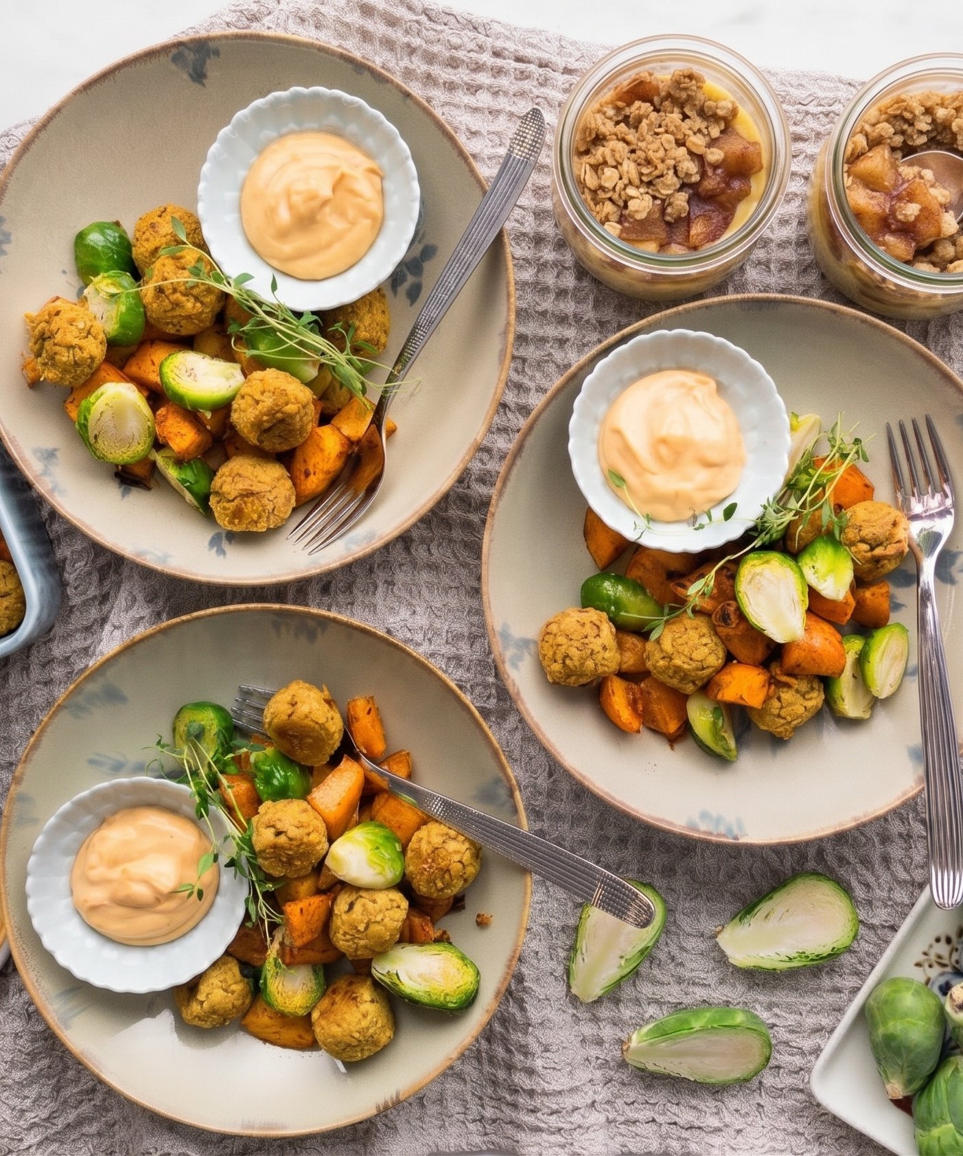 Falafel s batáty, růžičkovou kapustou a uzenou majonézou & dezert à la apple crumble