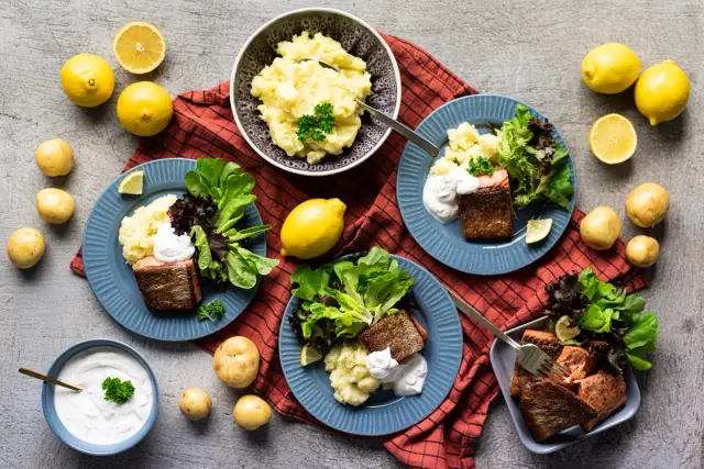 Butter-Fried Trout with Creamy Dill Dip and Mashed Potatoes
