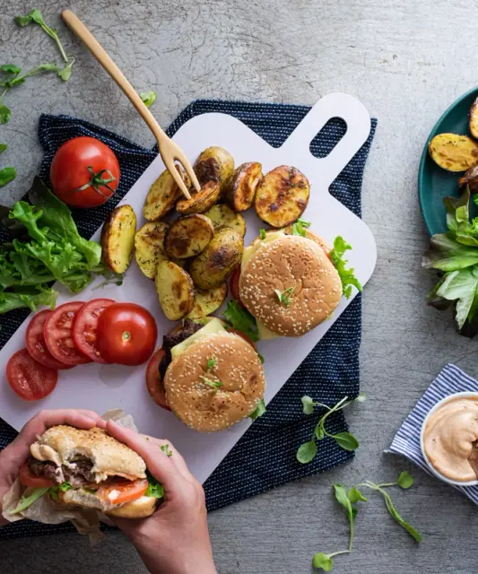 Pork Burgers with Cheddar, Roasted Potatoes and Dip