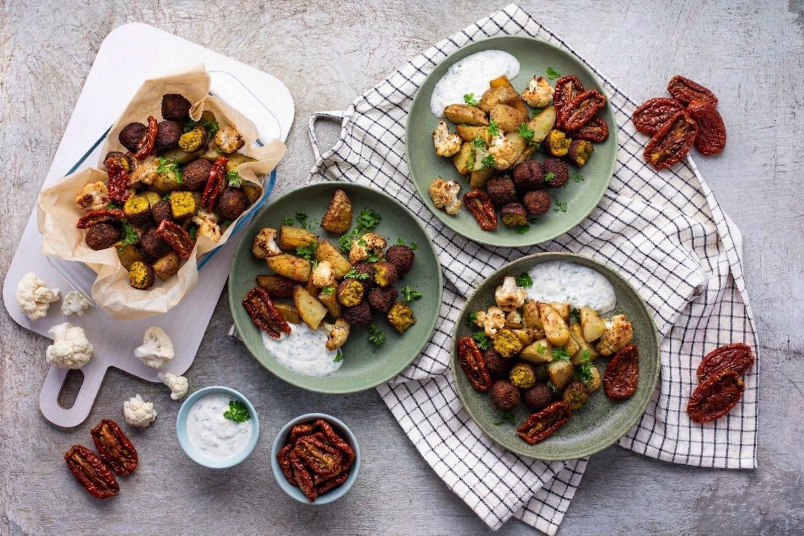 Crispy Falafel with Roasted Vegetables, Sun-Dried Tomatoes and Garlic Dip