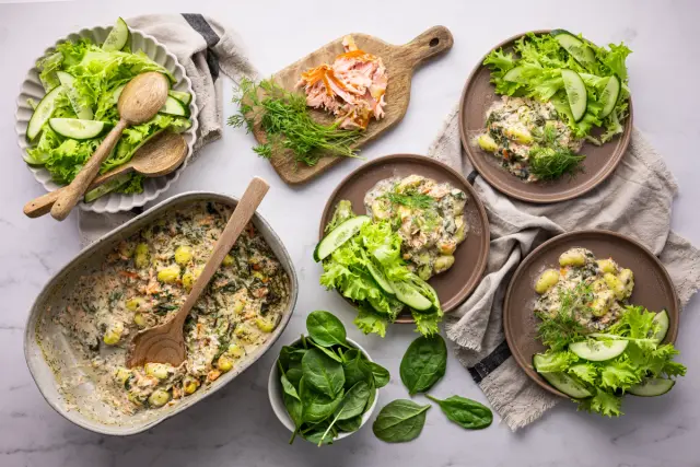 Creamy Baked Gnocchi with Smoked Salmon, Dill and Spinach
