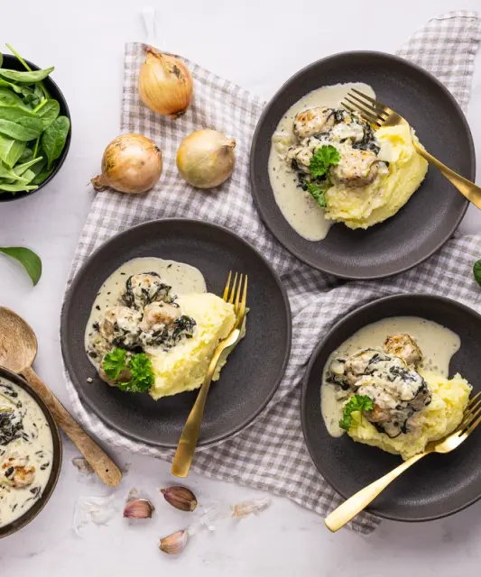 Chicken Meatballs in Cream Sauce with Parmesan Crushed Potatoes