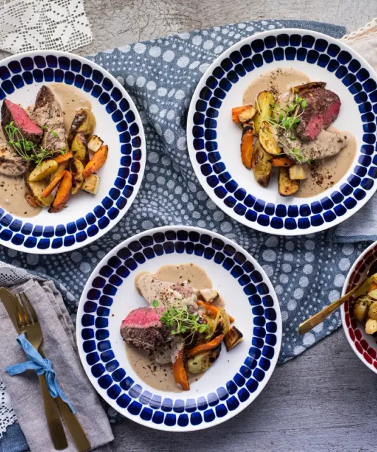 Beef Sirloin in Creamy Pepper Sauce with Roasted Root Vegetables