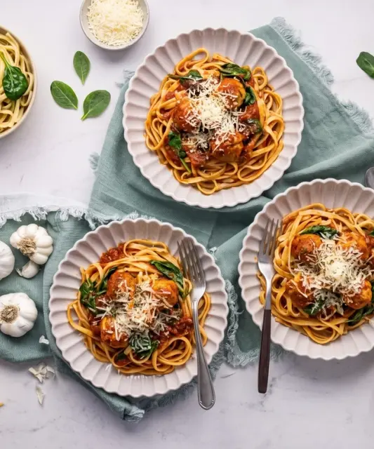 Turkey Meatballs in Tomato Sauce with Spinach, Pasta and Italian Cheese