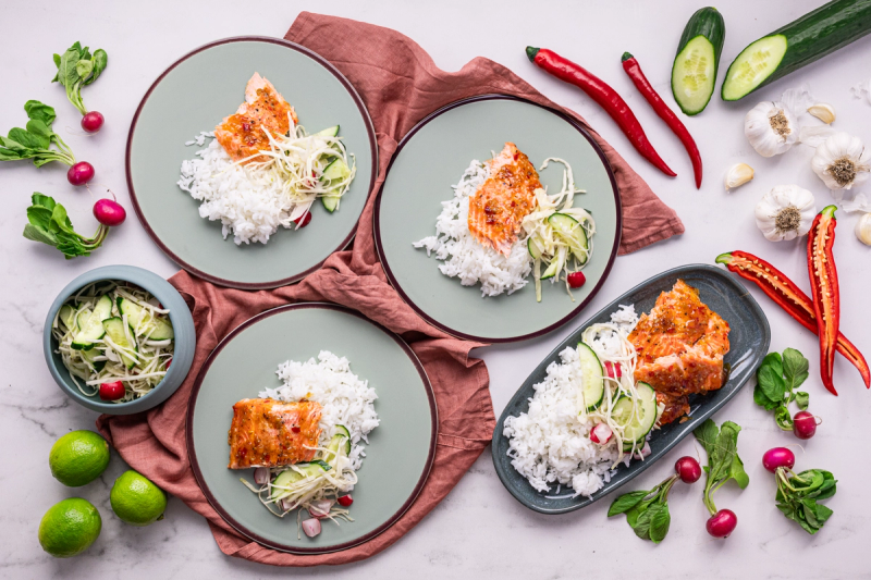 Oven-Baked Salmon with Chilli-Garlic Sauce & Fresh Cucumber Salad