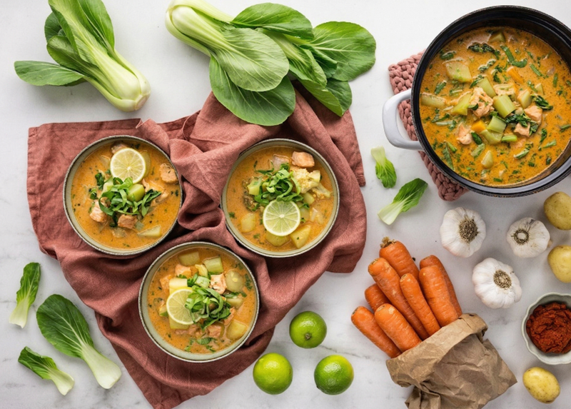 Thajská kari polévka s lososem, pak choi a bramborami