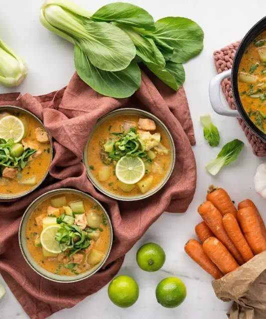 Thajská kari polévka s lososem, pak choi a bramborami