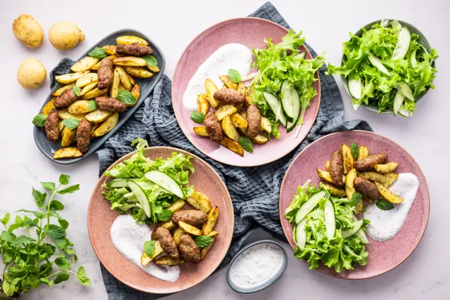 Roasted Ground Meat Kebabs with Potatoes & Mint Dip