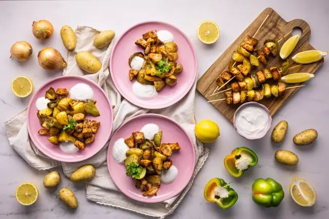 Greek Pork Souvlaki with Roasted Potatoes, Peppers and Yogurt Dip