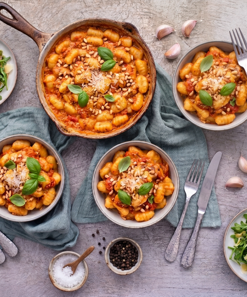 Gnocchi s ricottovým pestem, piniovými oříšky a rukolovým salátem s parmazánem