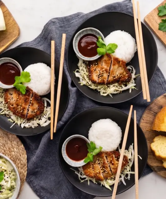 Tonkatsu – japonský vepřový řízek v panko strouhance s rýží a omáčkou & jogurtová bábovka