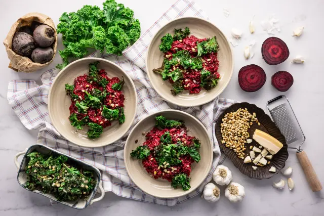 Beetroot Risotto with Goat Cheese, Kale and Pine Nuts