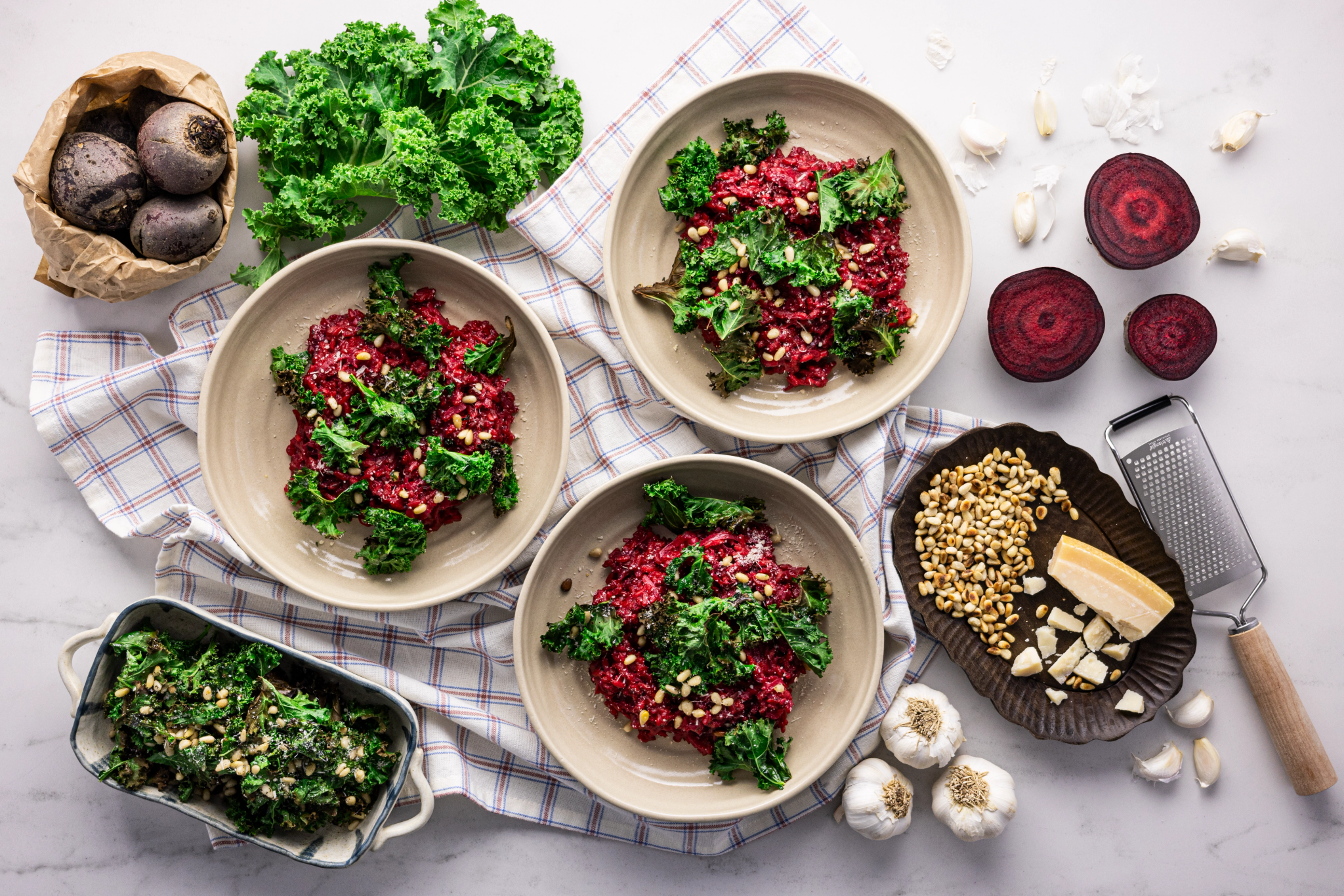 Beetroot Risotto with Kale Chips & Pine Nuts