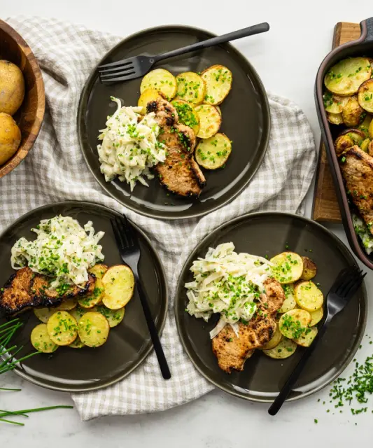 Pork Slices with Creamy Cabbage and Roasted Potatoes