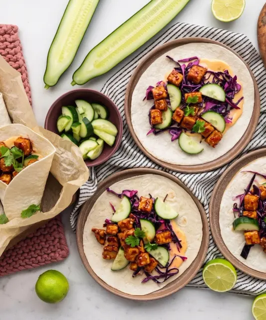 Sweet Chili Tofu Wraps with Marinated Red Cabbage
