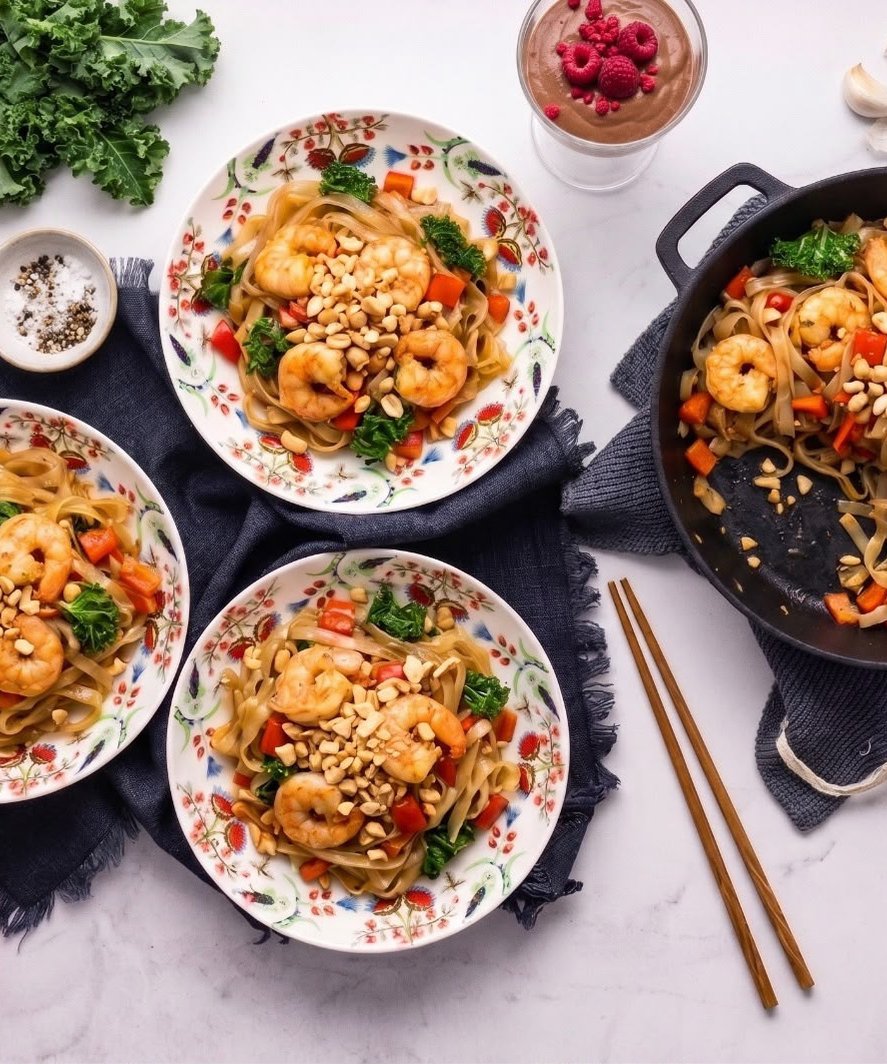 Pad Thai s krevetami v limetkové marinádě, kadeřávkem a arašídy & jemný čokoládový mousse