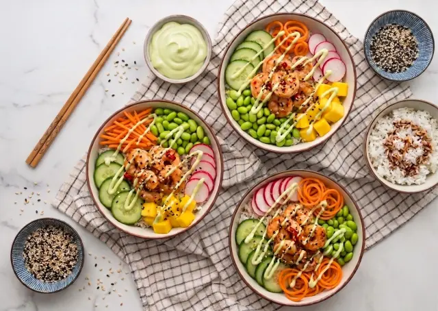 Poke Bowl with Marinated Shrimp, Mango, Edamame and Wasabi Mayo