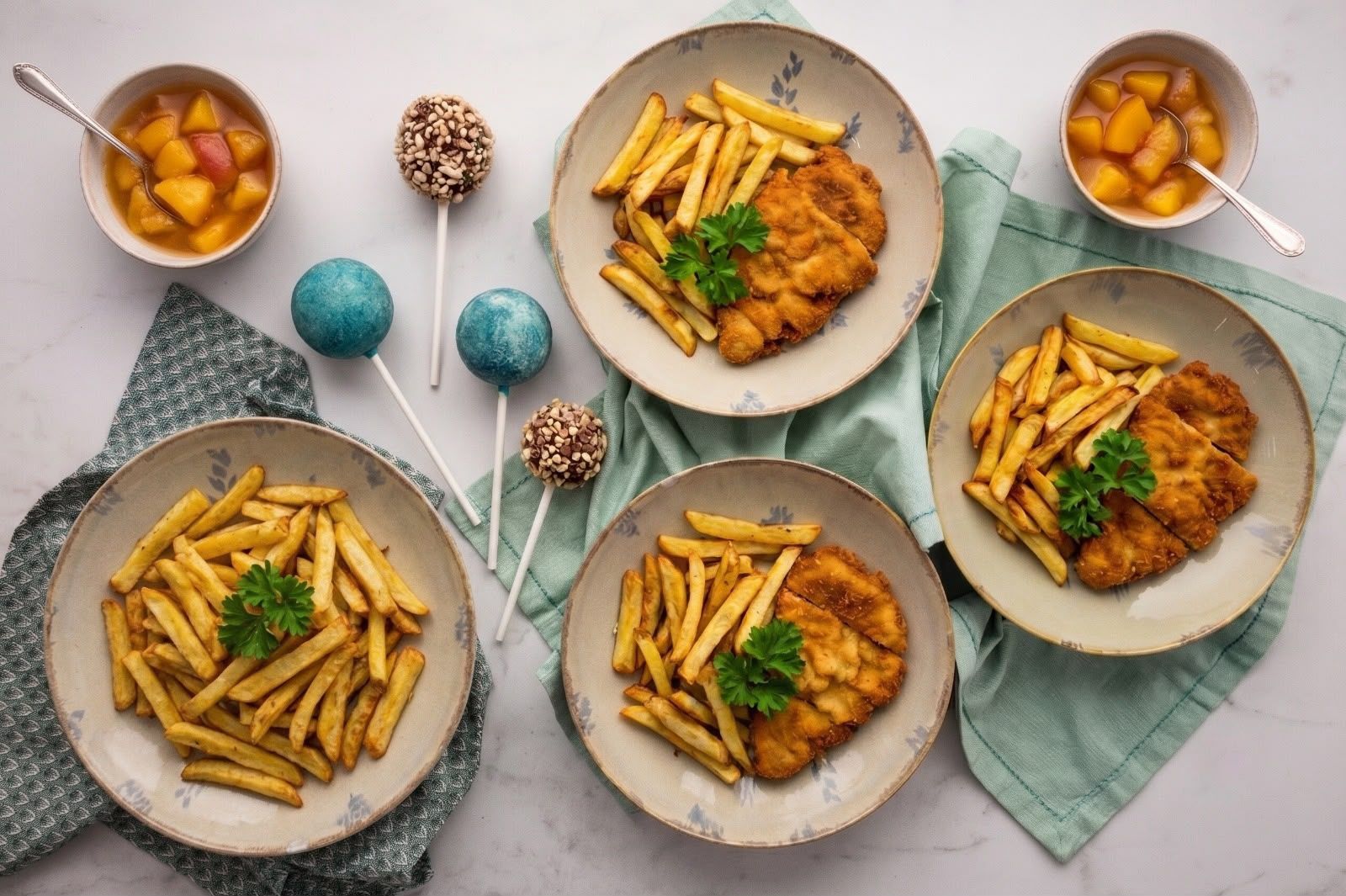 Breaded Chicken Schnitzels with Roasted Fries, Peach Compote & Raw Lollipops