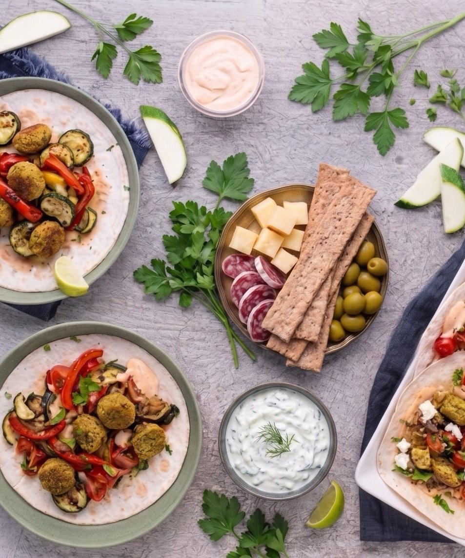 Falafelové wrapy s koprovým dipem a grilovanou zeleninou & Tapas