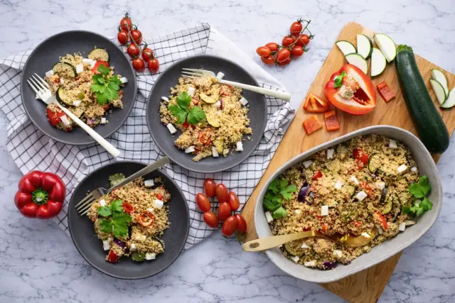 Salad with Roasted Vegetables, Feta Cheese & bulgur