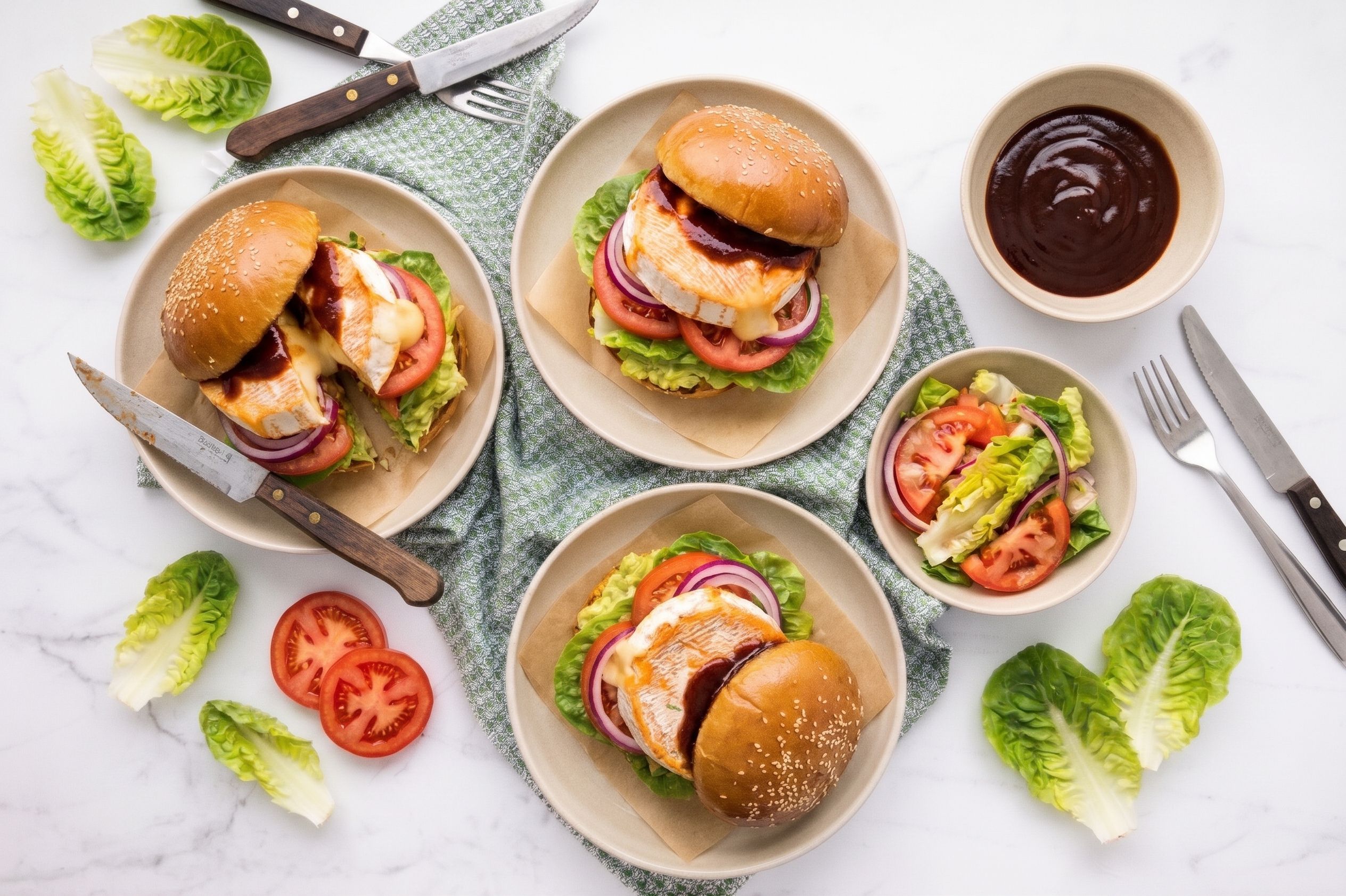 Burgery so syrom, barbecue omáčkou a čerstvou zeleninou