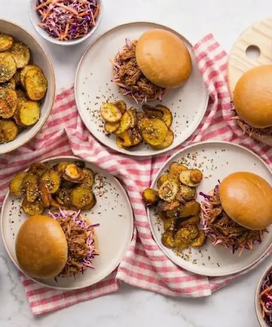 BBQ Pulled Chicken Burgers with Light Coleslaw and Rustic Potatoes