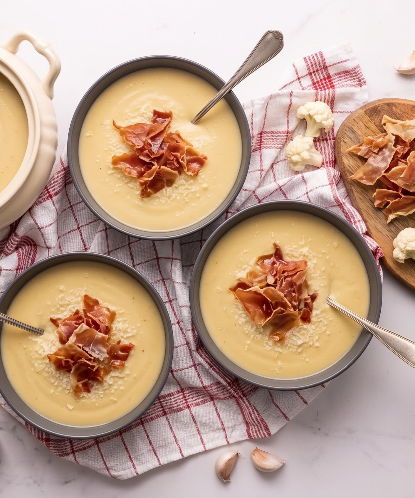 Roasted Cauliflower Cream Soup with Crispy Prosciutto and Italian Cheese