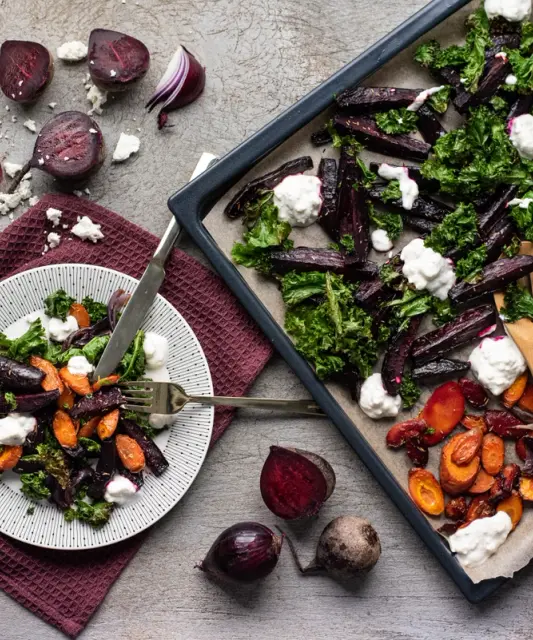 Roasted Root Vegetable Salad with Yogurt Dip and Cashew Nuts