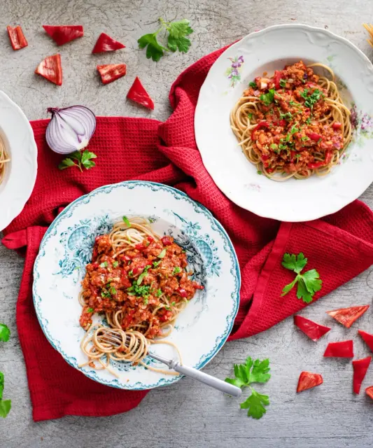 Bolognese Pasta with Plant-Based Mince, Herbs and Italian Cheese