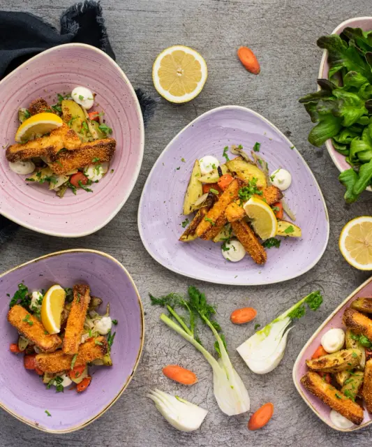 Roasted Vegetables with Breaded Halloumi and Lemon Mayo
