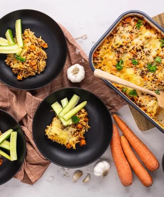 Cheesy Ground Meat Spaghetti Bake & Cucumber Sticks