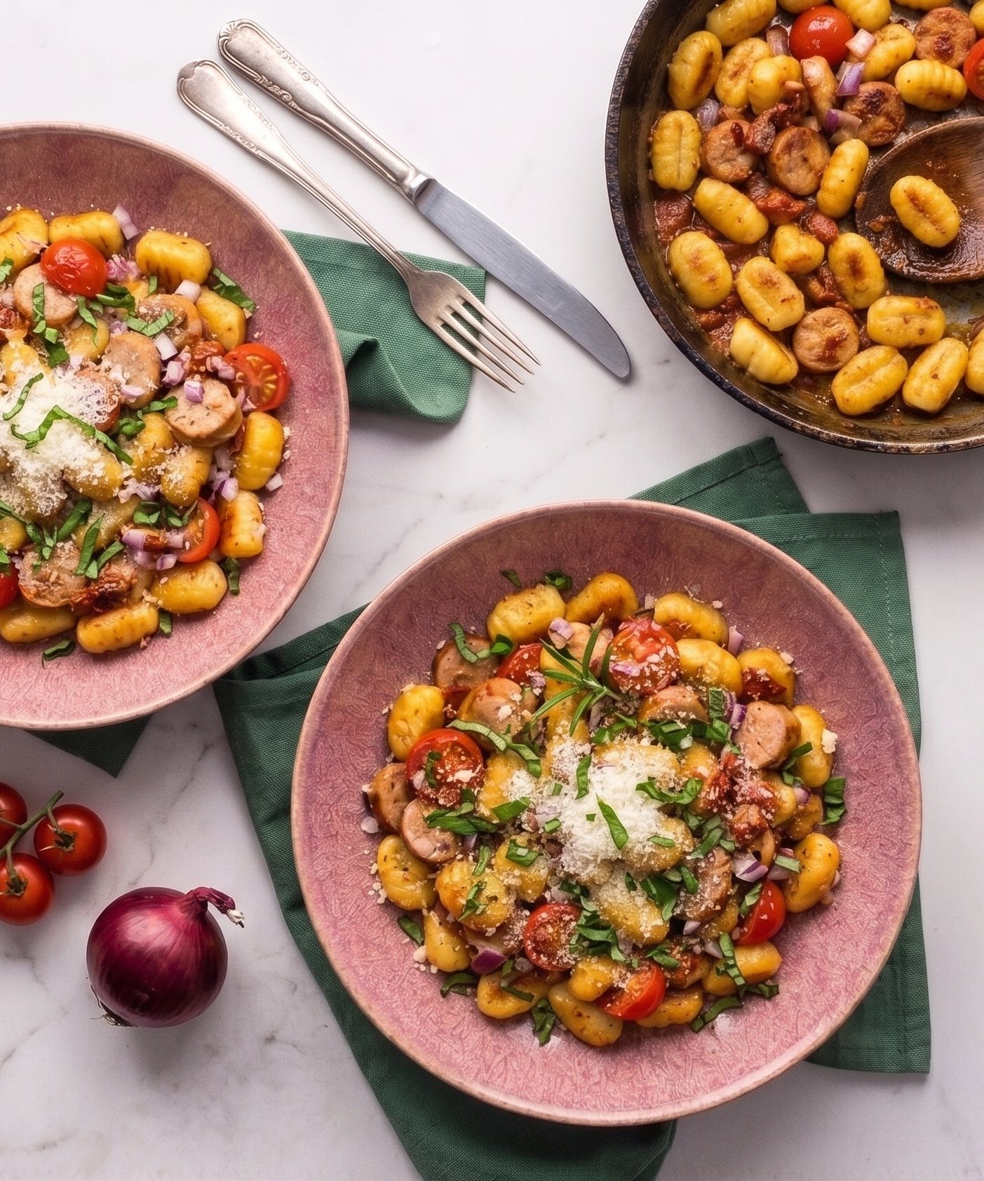 Opečené gnocchi s rajčatovým pestem, vegetariánskými párky a bazalkou