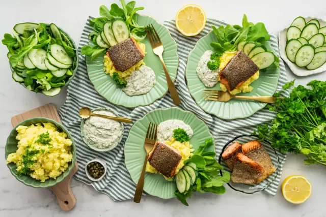 Pannulla paistettua kirjolohta remouladekastikkeella & salaattia