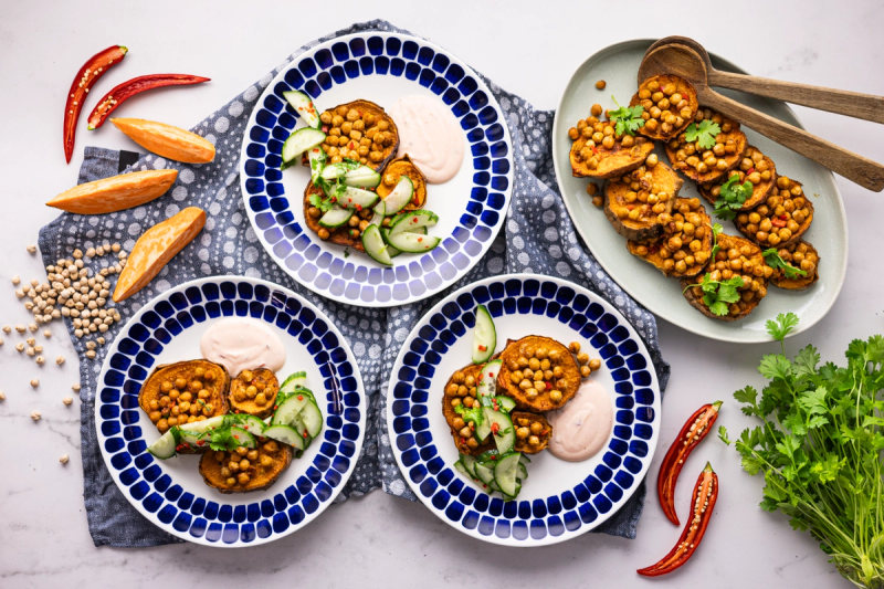 Oven-Roasted Sweet Potatoes with Spiced Chickpeas & Chili Cucumbers