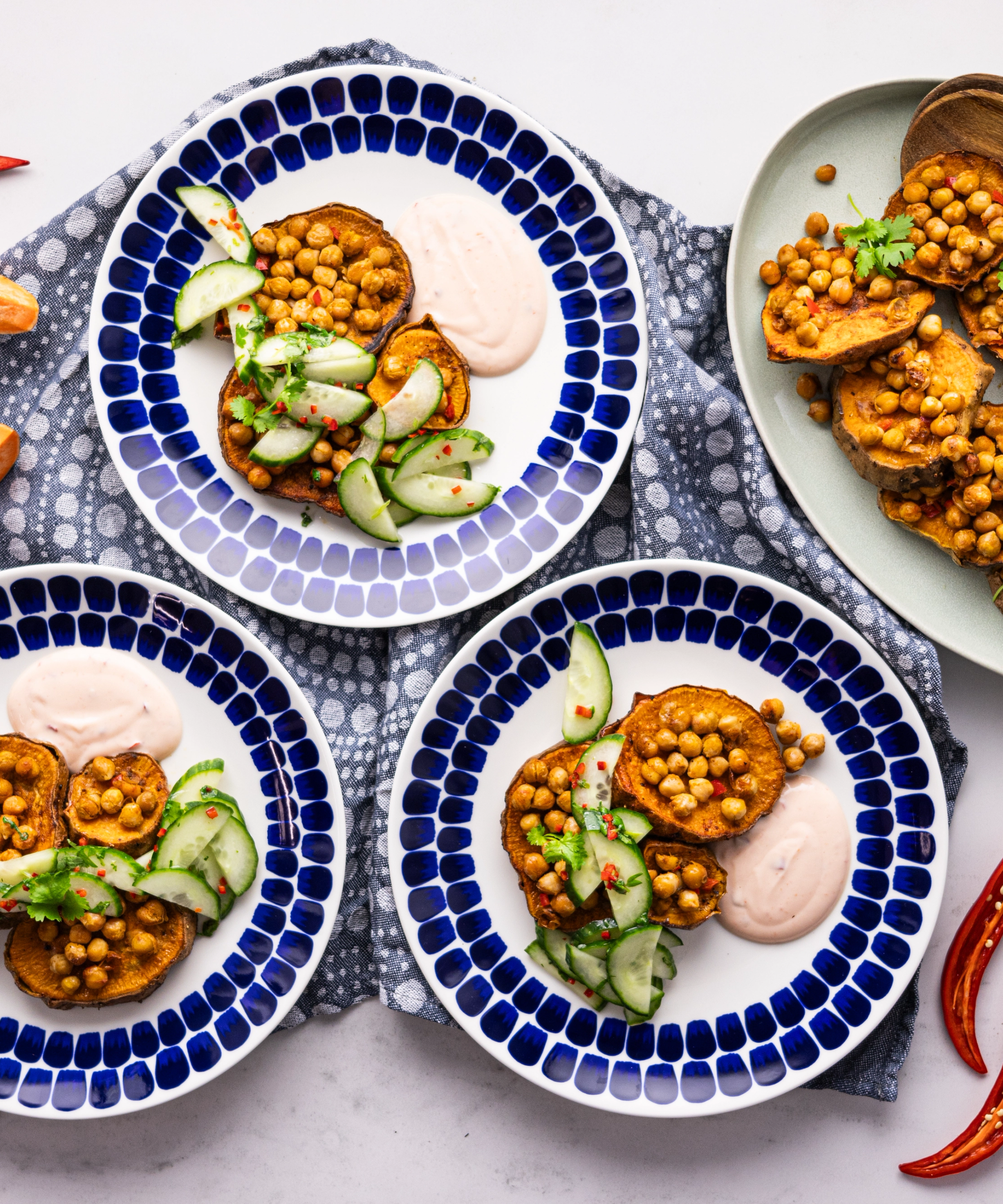 Oven-Roasted Sweet Potatoes with Spiced Chickpeas & Chili Cucumbers