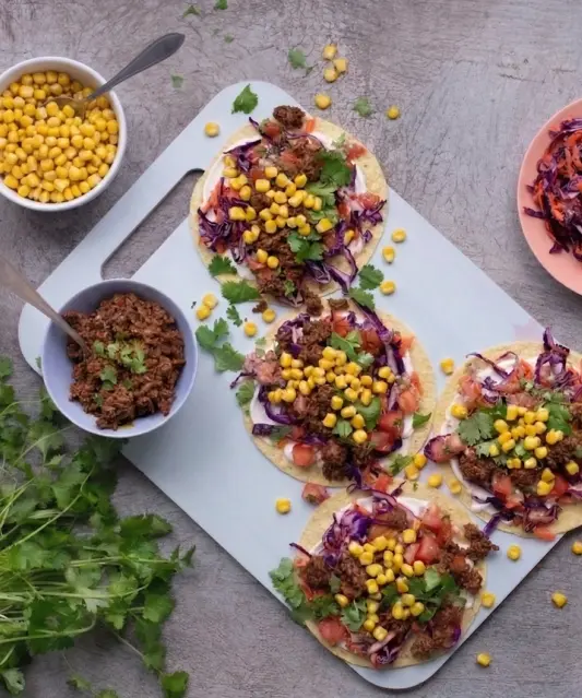 Mexican Tortillas with Taco-Seasoned Meat, Corn and Marinated Cabbage
