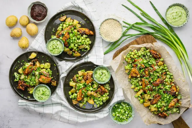 Chilli Chicken with Sesame Potatoes, Edamame and Mild Wasabi Mayo