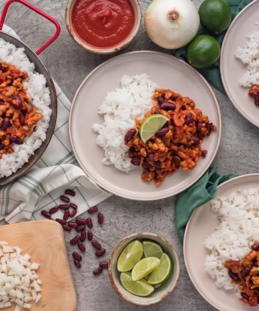 Vegetariánské Chili „con Carne“ s fazolovou salsou a jasmínovou rýží
