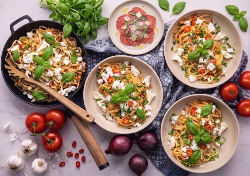 Těstoviny s pestem ze sušených rajčat, mozzarellou a parmazánem & farmářské carpaccio