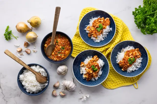 Ruokaboksin Shrimp Saganaki & riisiä
