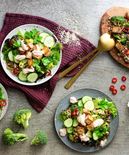 Vegetariánská tofu miska s brokolicí a paprikovým dipem