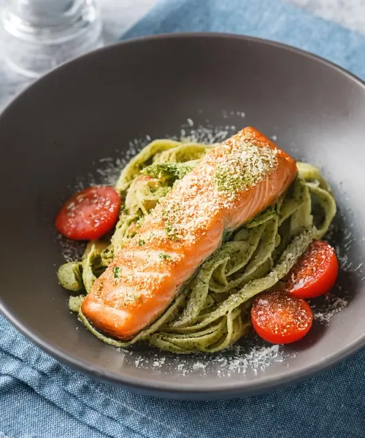 Pesto pasta ahjulõhe ja kirsstomatitega