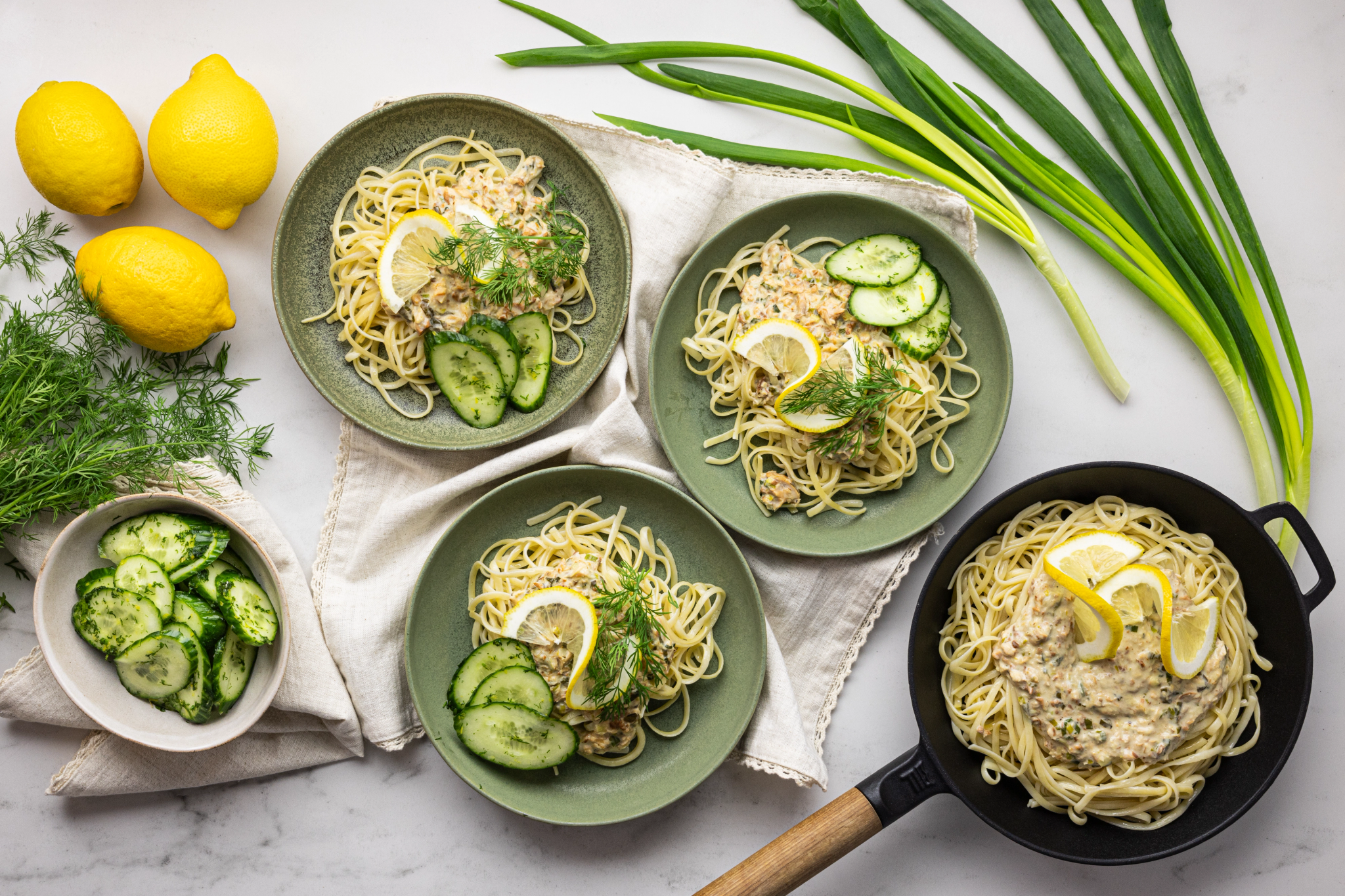 Creamy wild fish pasta & Grandma-style cucumber salad
